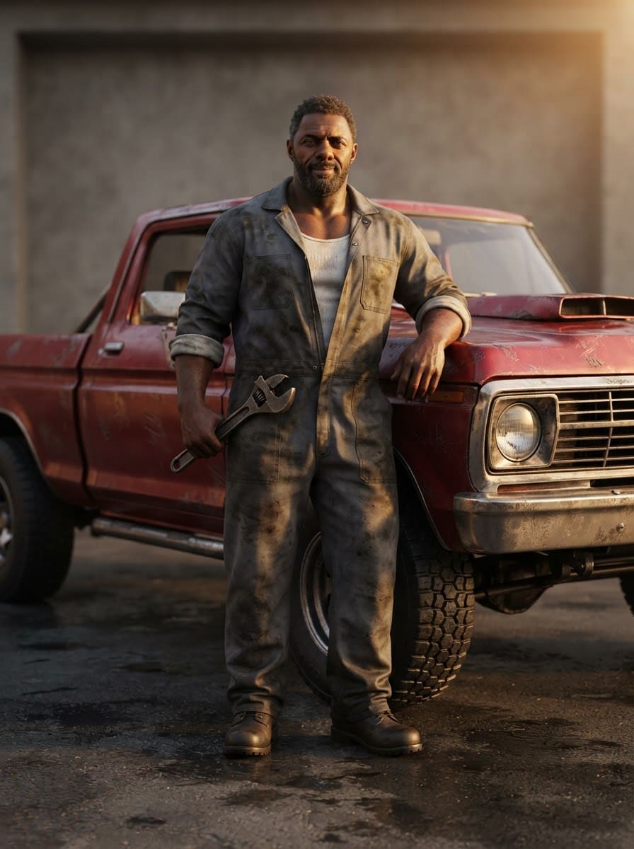 Stocky mechanic in a muscle truck
