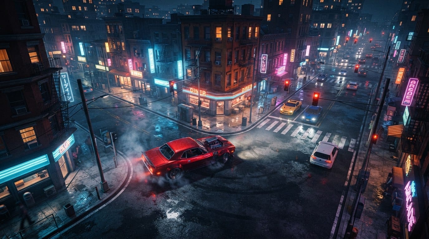 Race through neon city streets