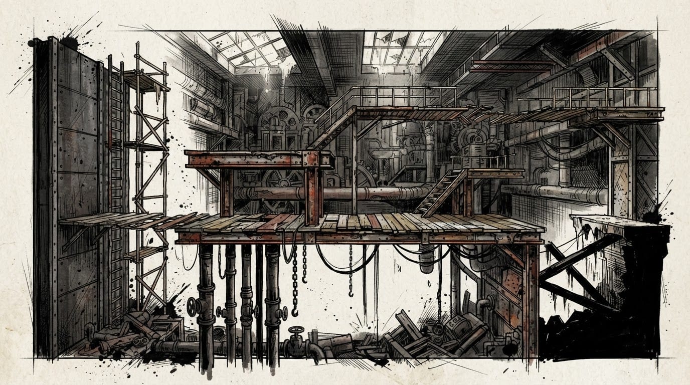 Collapsed factory scaffolding