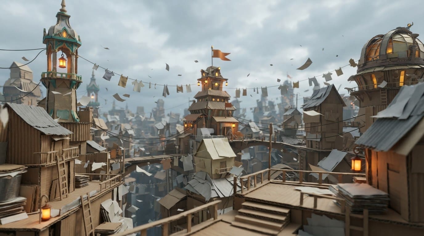 A windy rooftop paper city