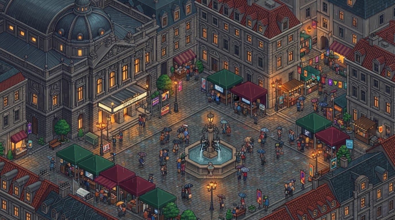 A Rainy European City Square