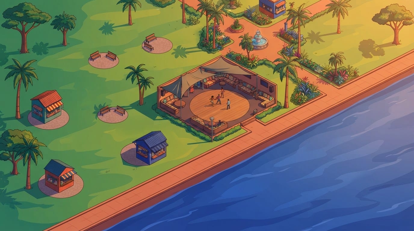 Lively riverside park and lounge