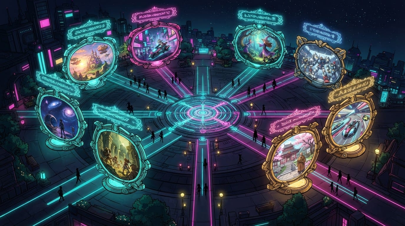Neon cyberpunk anime hub world