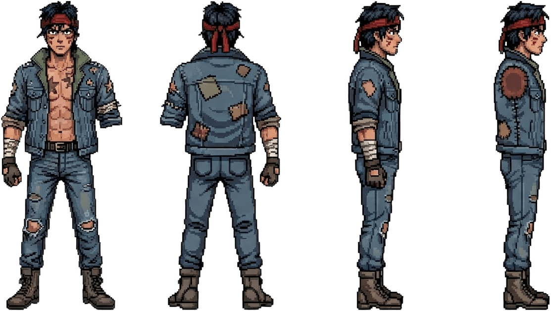 Image: Pixel art character turnaround sprite sheet of thi
