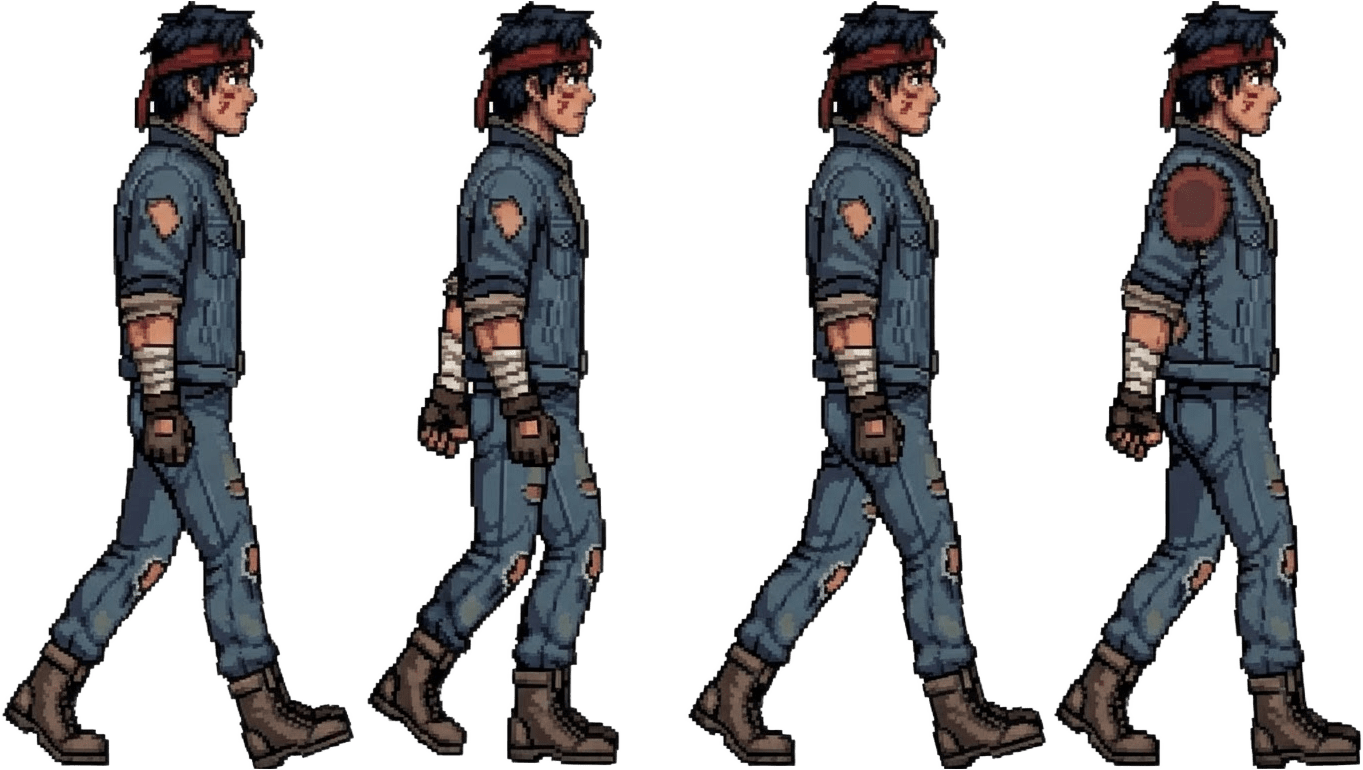 Image: Pixel art walk cycle sprite sheet of this exact sa