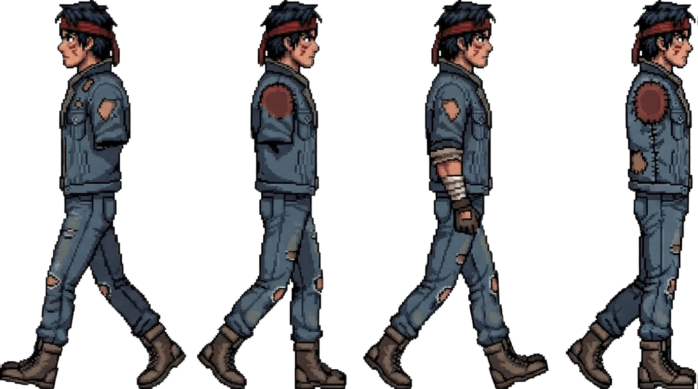 Image: Pixel art walk cycle sprite sheet of this exact sa