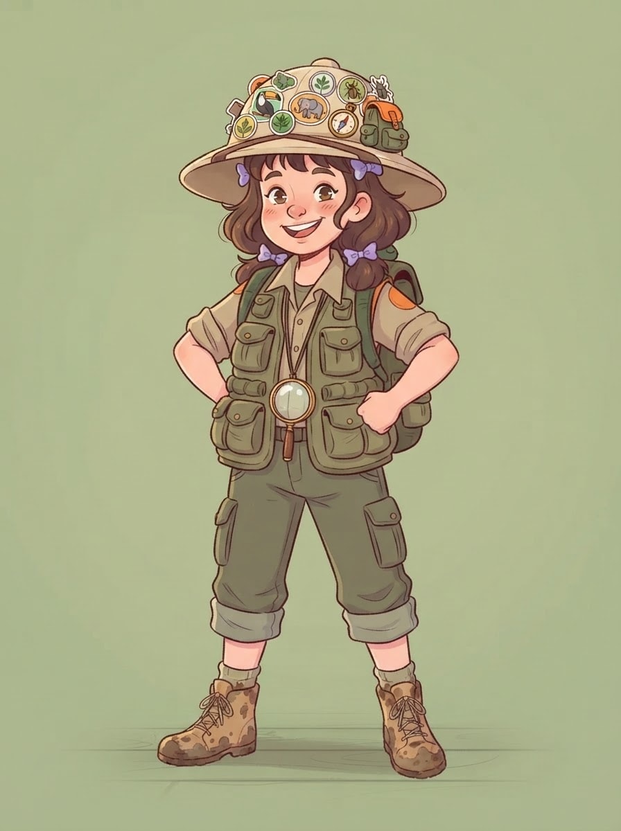 Badge-covered explorer kid