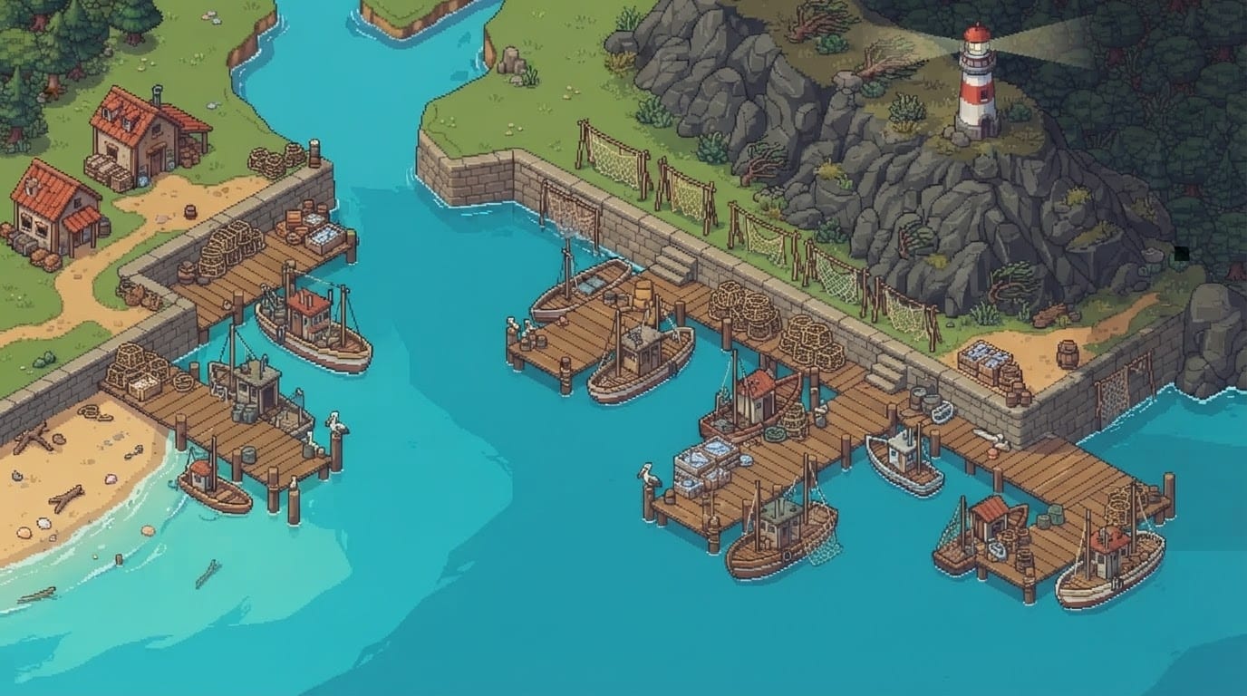 Sunlit coastal harbour