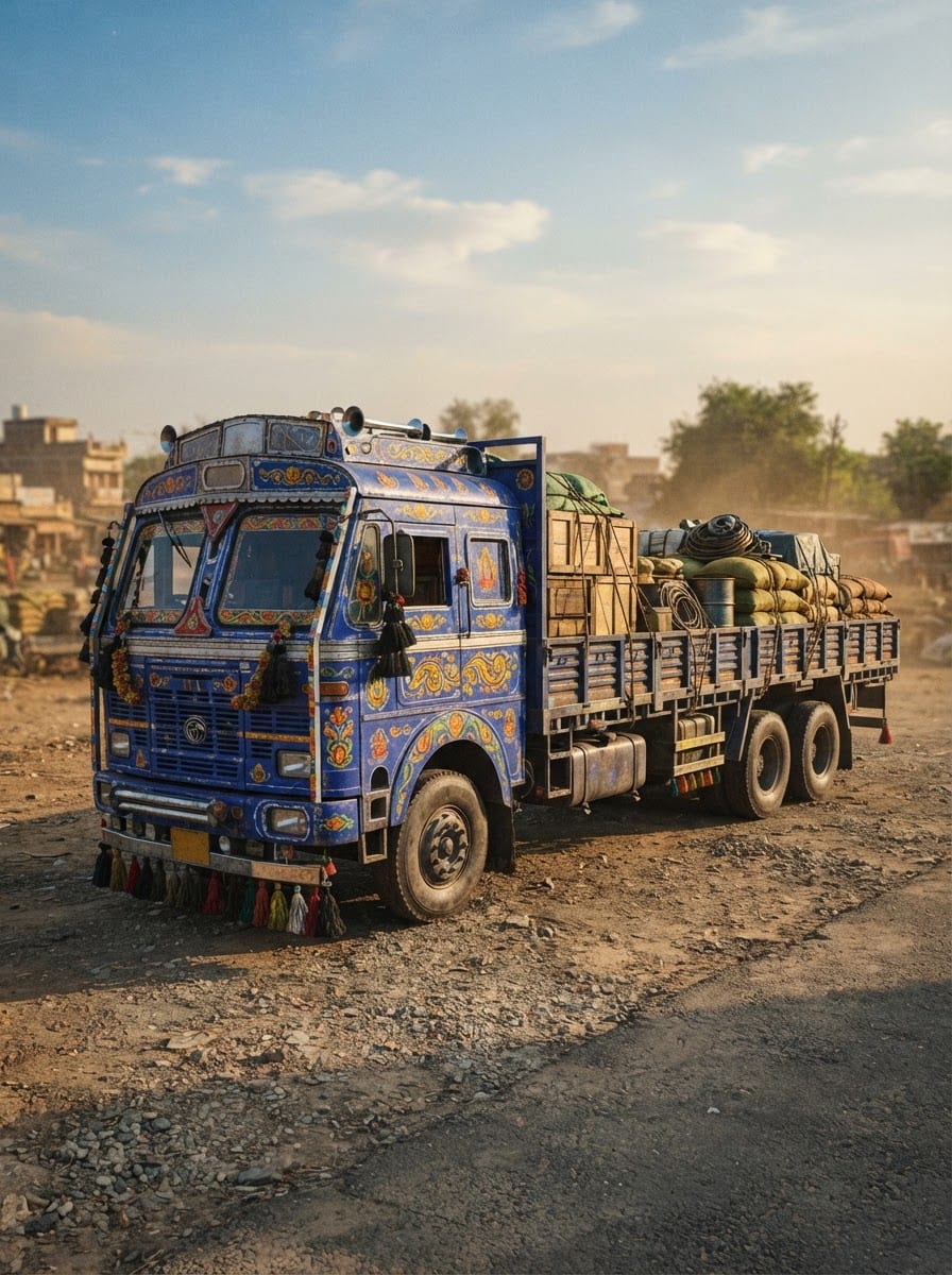 A heavy tata-style freight truck