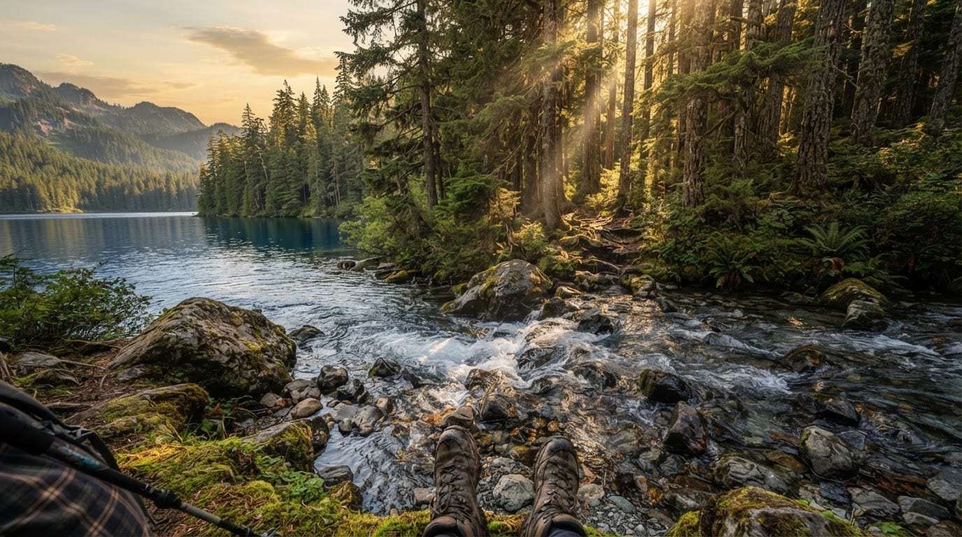 A forested mountain stream inlet