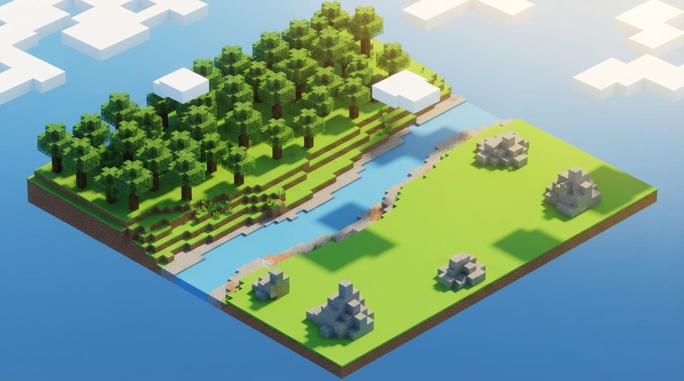 Pradaria com rio e floresta