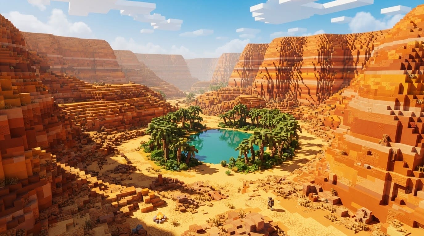 Deserto com cânion e oásis