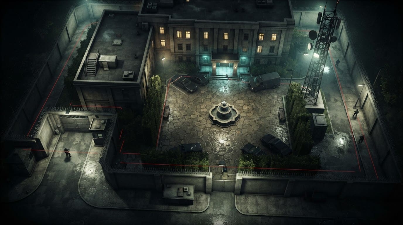 Nighttime embassy compound