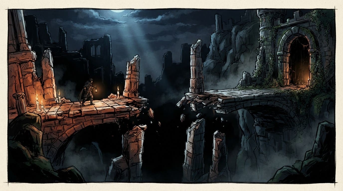 Collapsed bridge over abyss