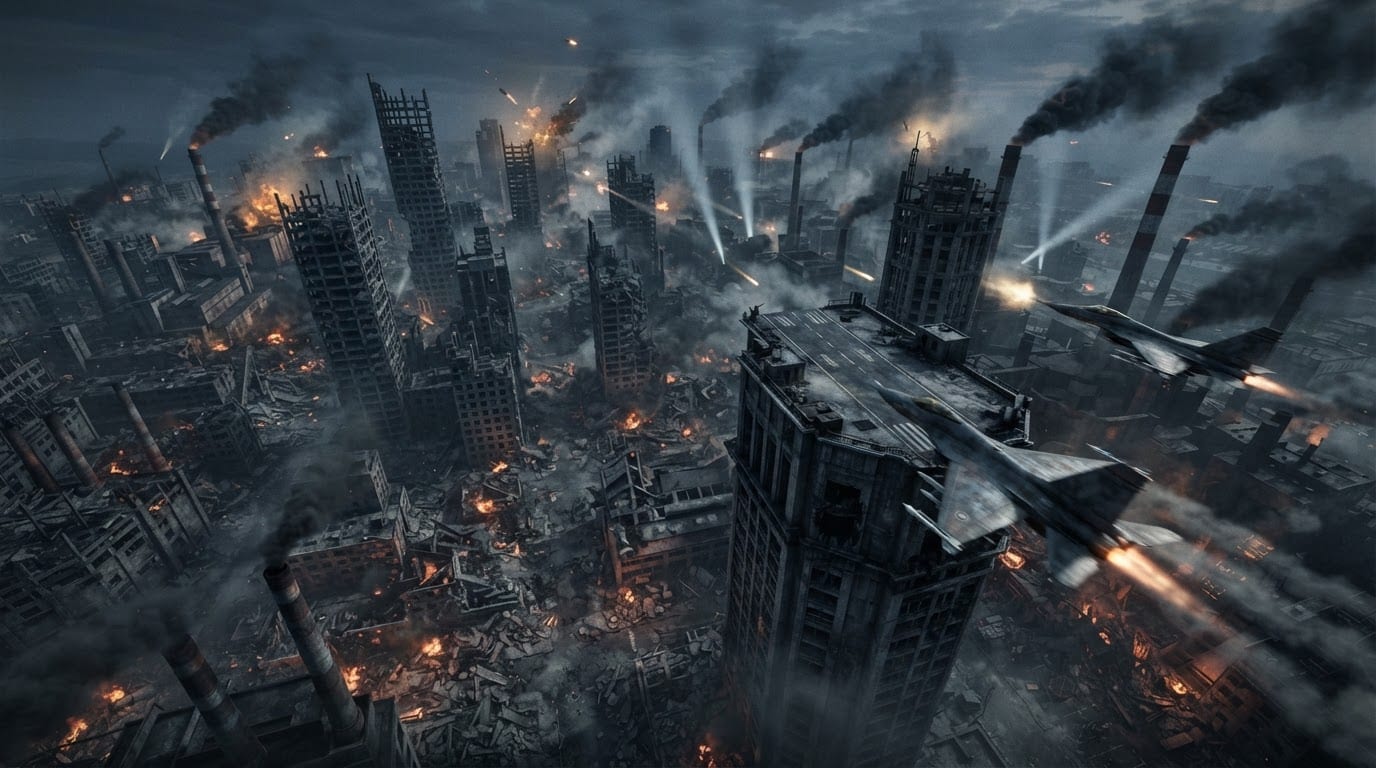 Industrial warzone over city ruins