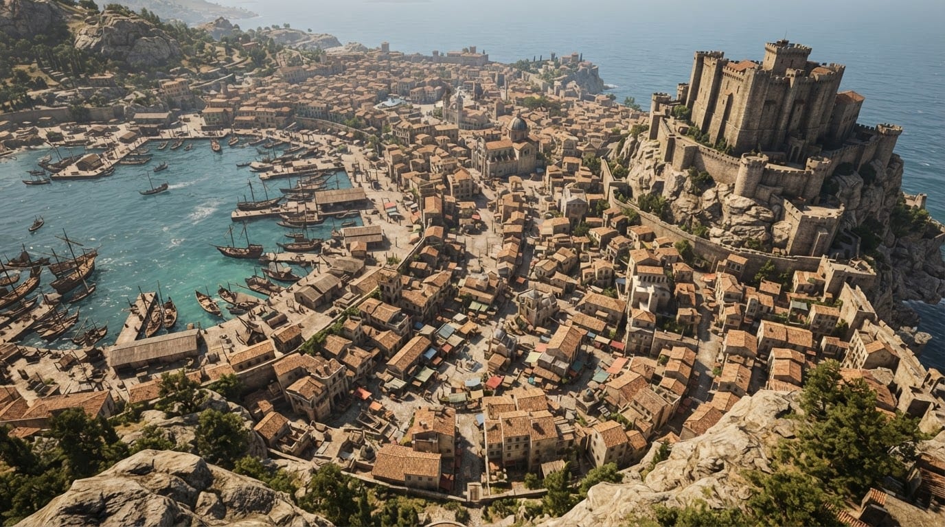 A sprawling coastal port city