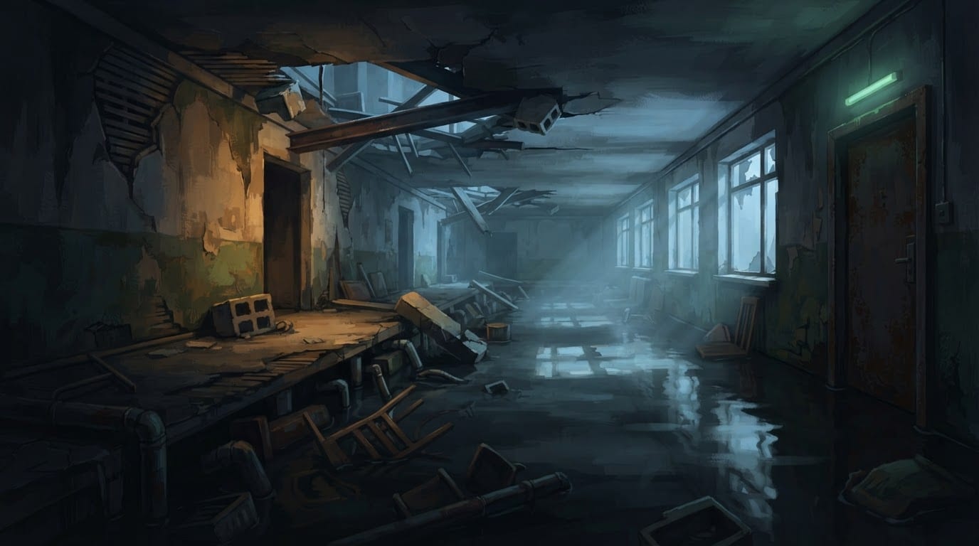 A flooded ground-floor corridor