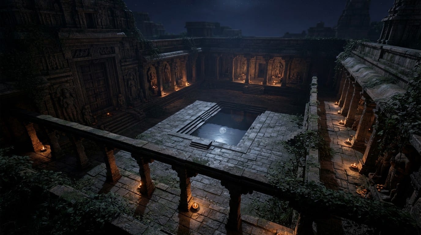 The temple courtyard at night