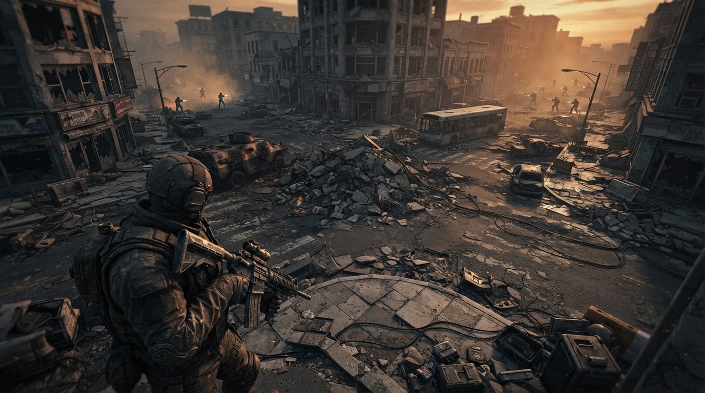 Ruined downtown intersection