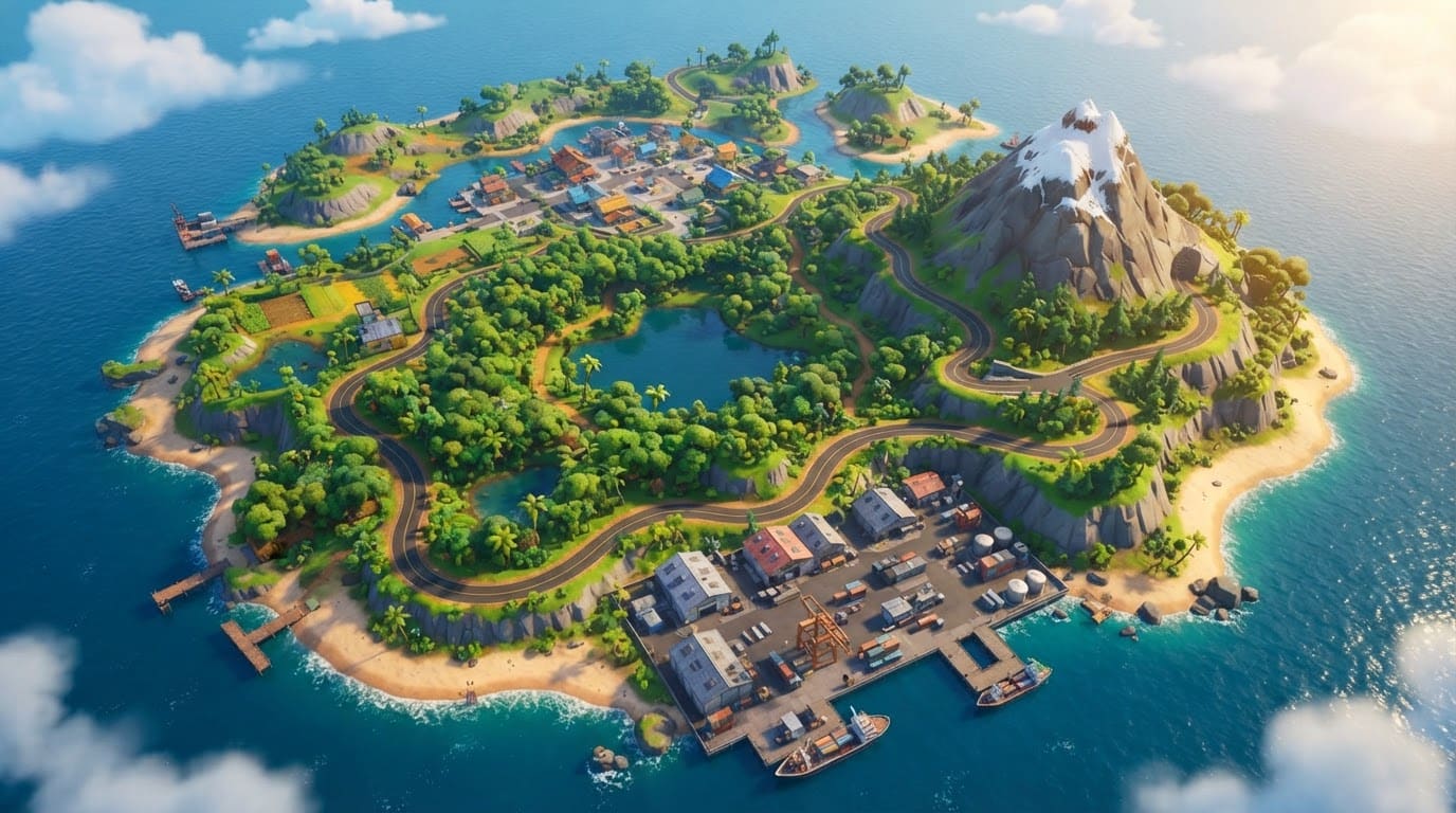 Île tropicale avec villages et forêts