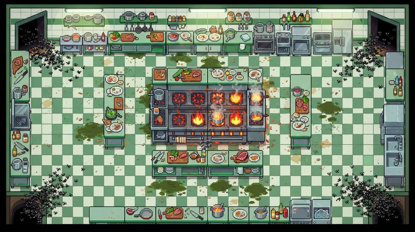 Cocina caótica de restaurante
