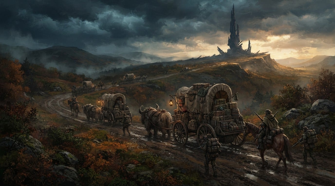 Image: Dark, moody painterly digital concept art for a fr