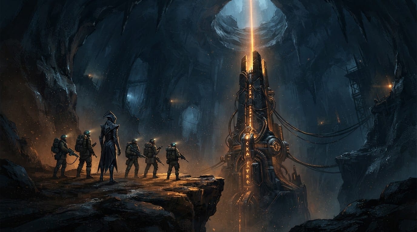 Image: Dark, moody painterly digital concept art for a fr