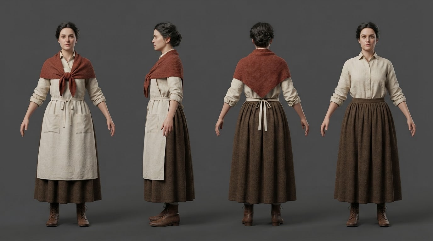 Image: Costume turnaround sheet for a 3D clothing artist.