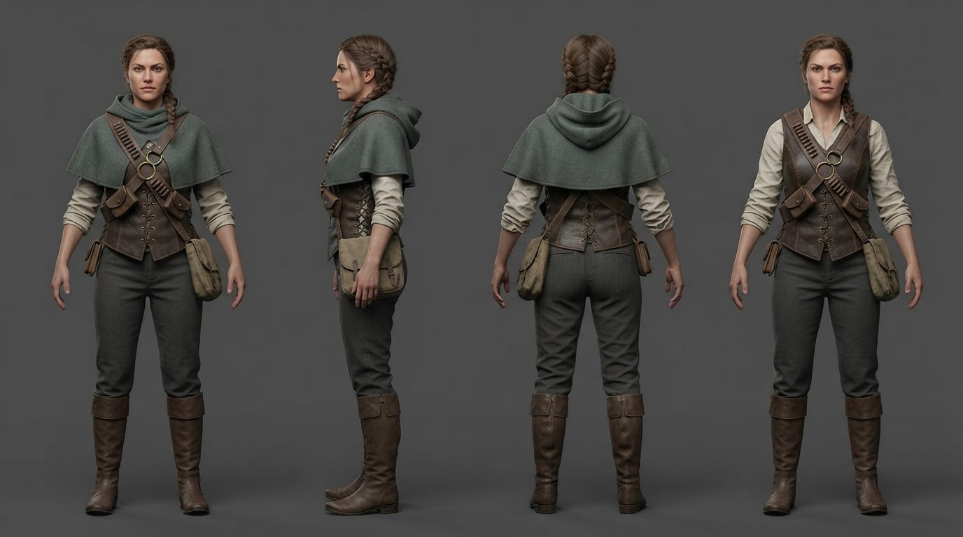 Image: Costume turnaround sheet for a 3D clothing artist.