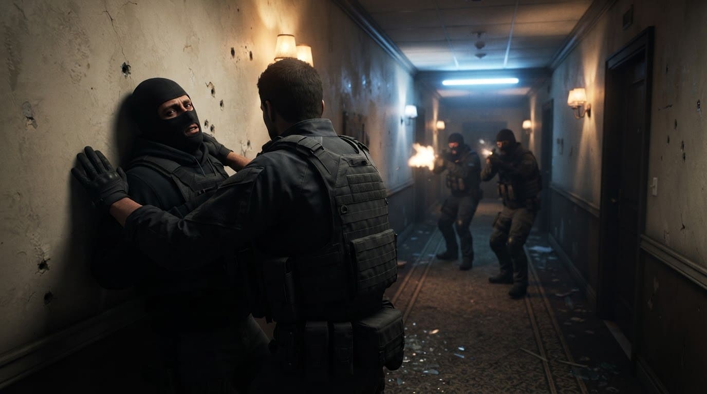 Ambush the gangsters in the corridor