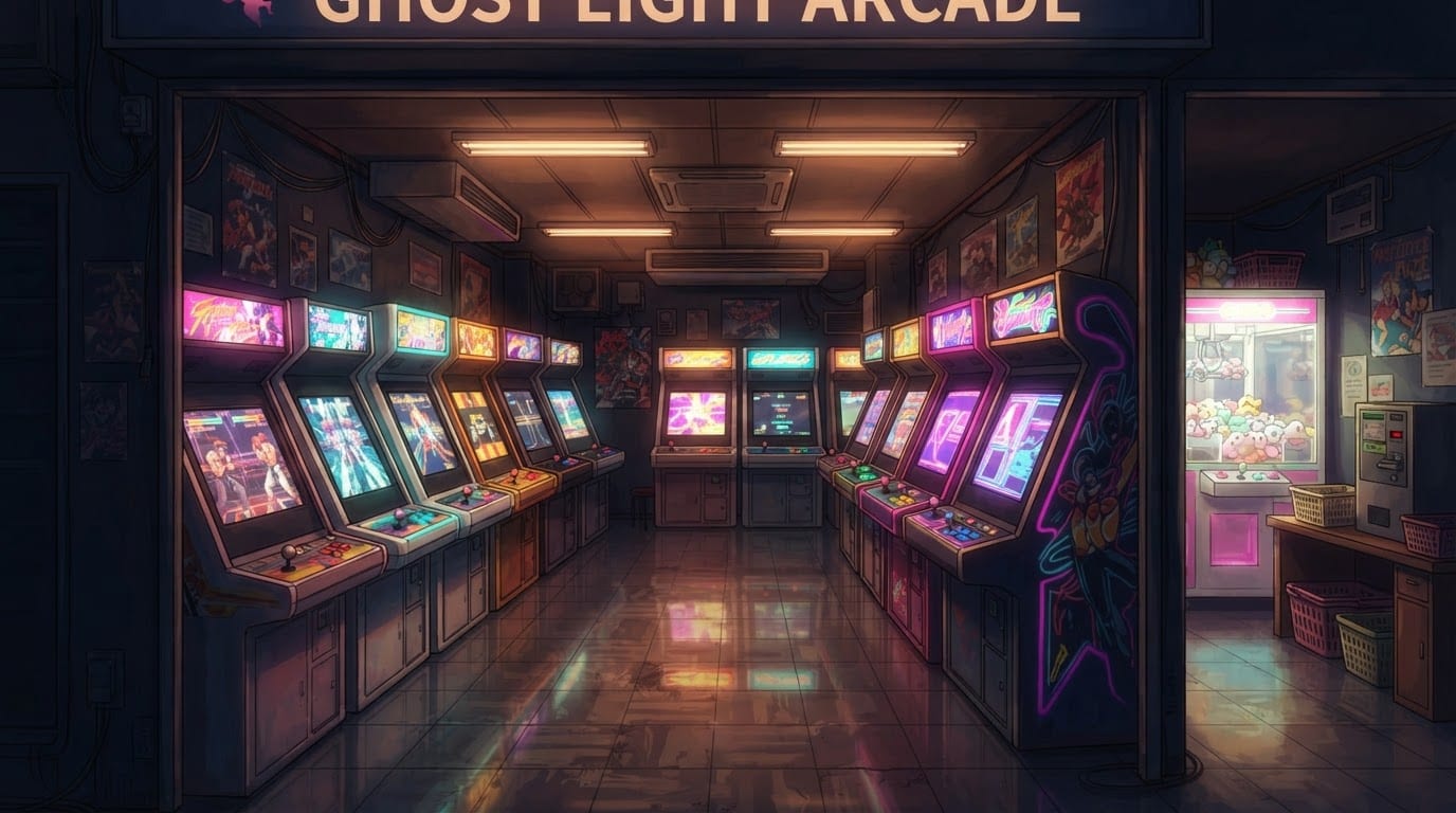 A glowing night arcade