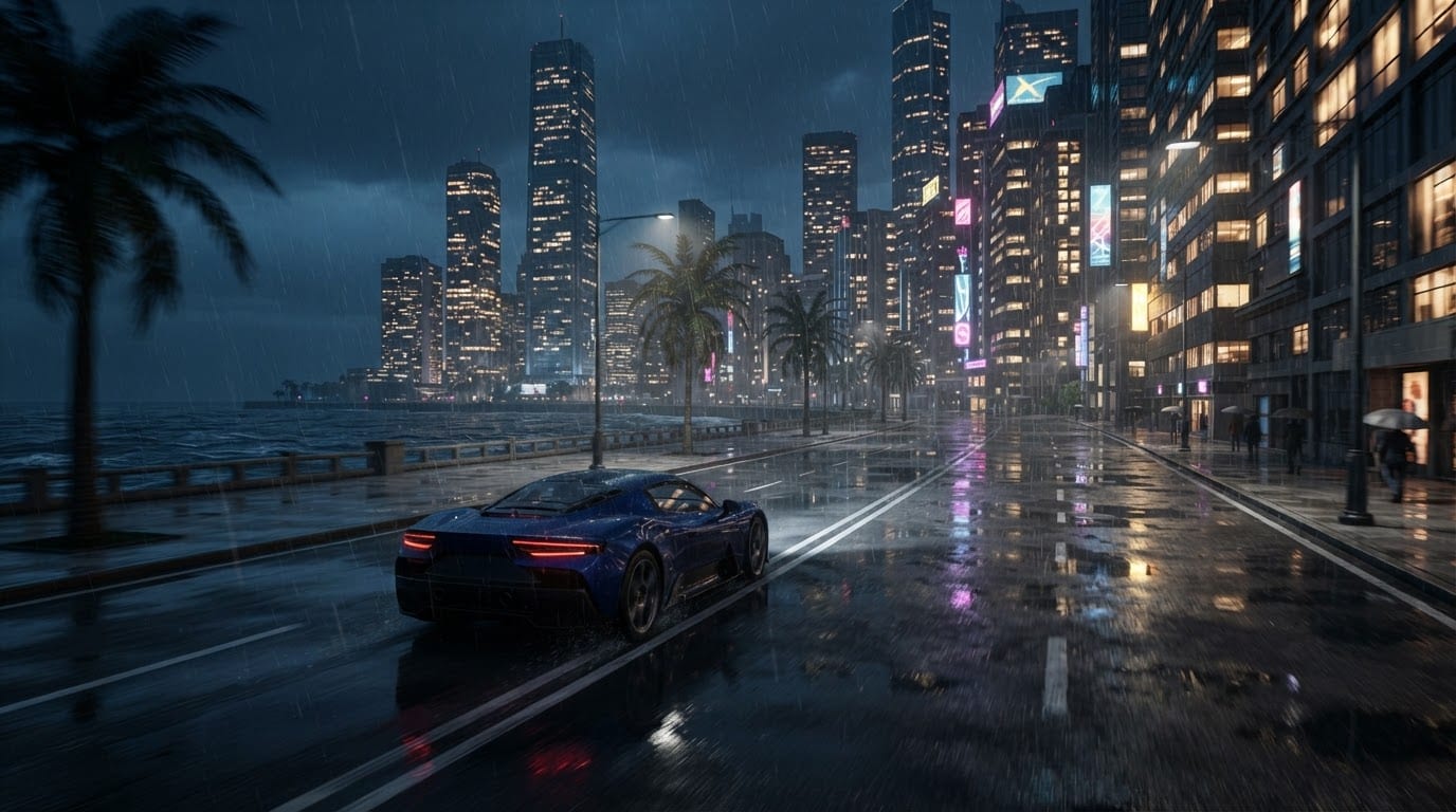 Rainy neon coastal city