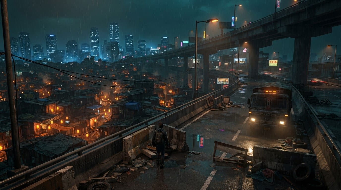 Rain-soaked flyover and slums