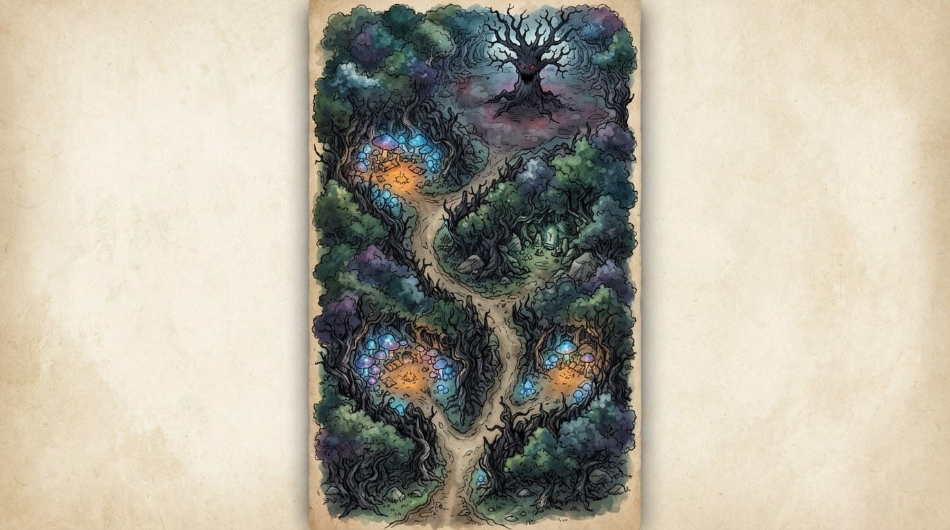 Bosque maldito al anochecer