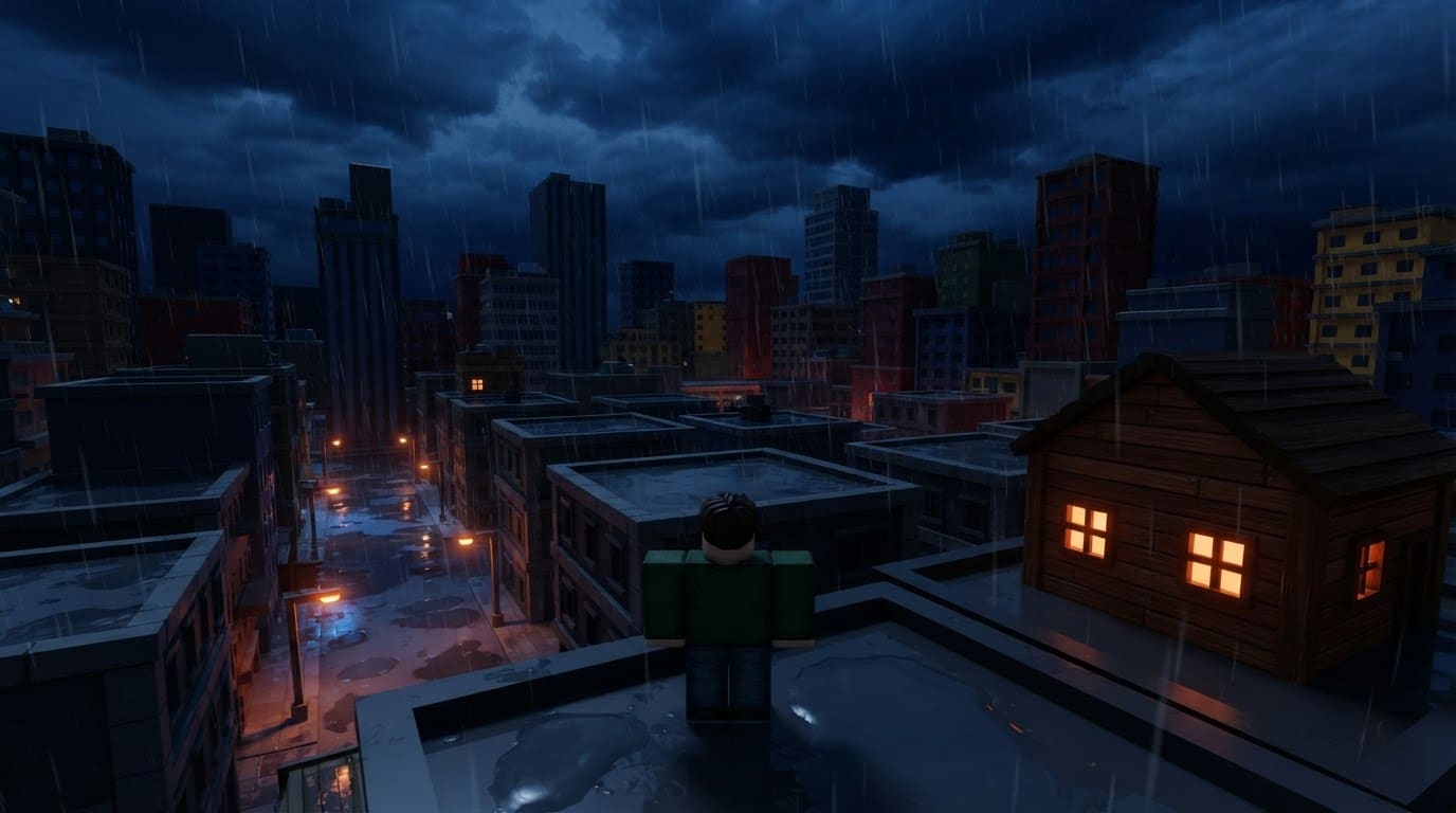 Dark stormy rooftop district