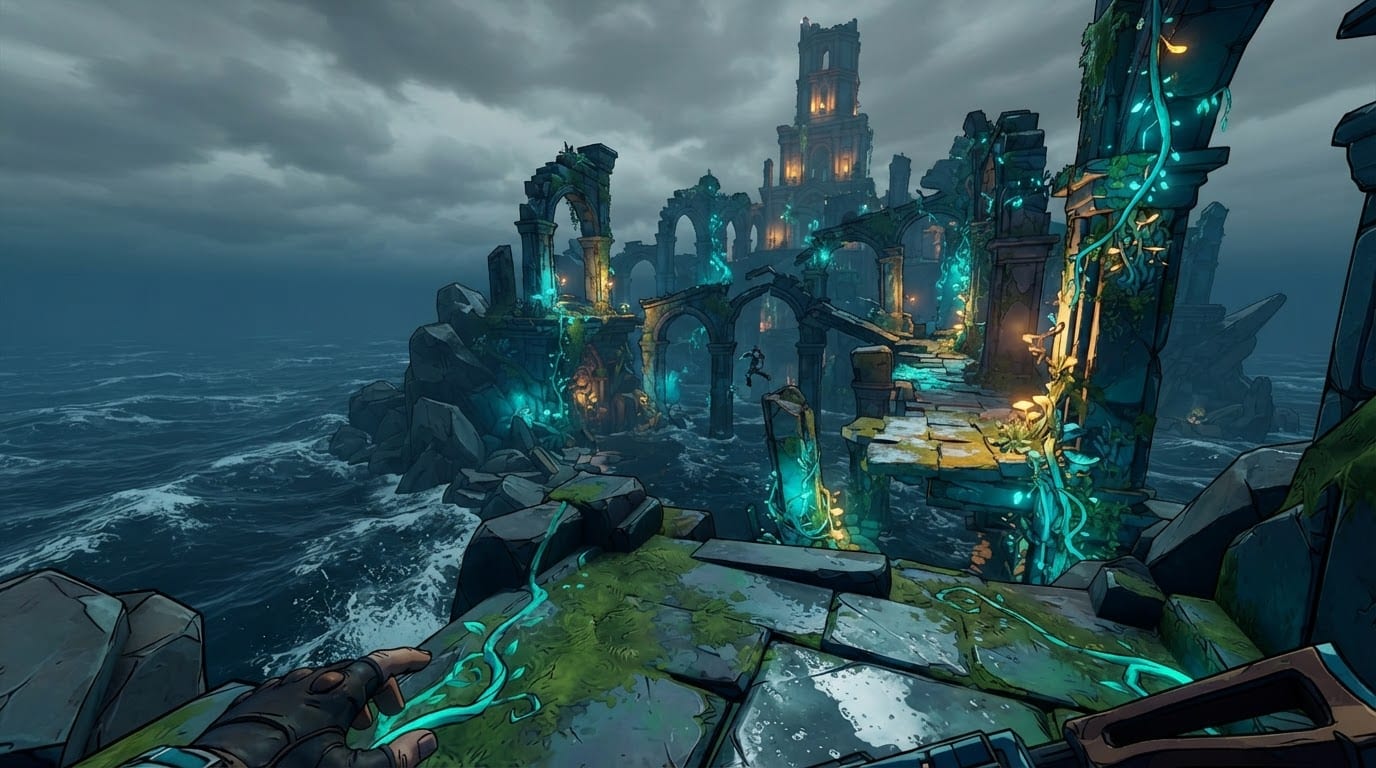 Overgrown coastal ruins