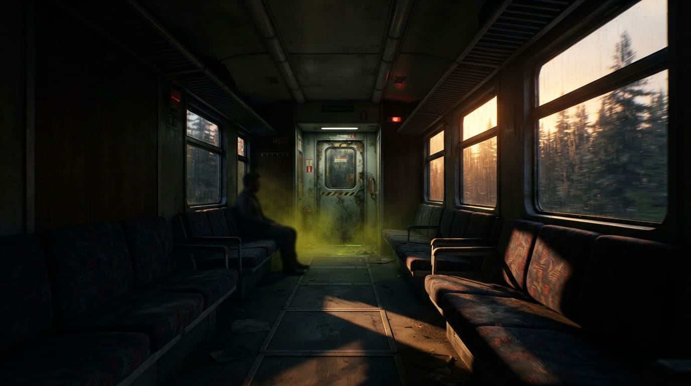 Tren al amanecer entre bosques