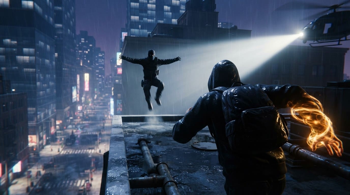 Chase suspects across rooftops — night sprint