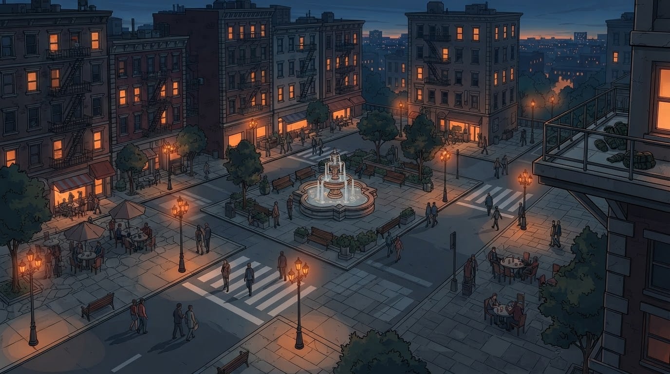 Dense city plaza