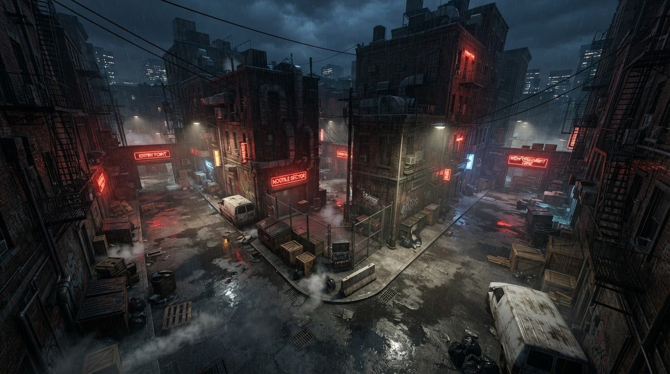 Rain-soaked back alley district
