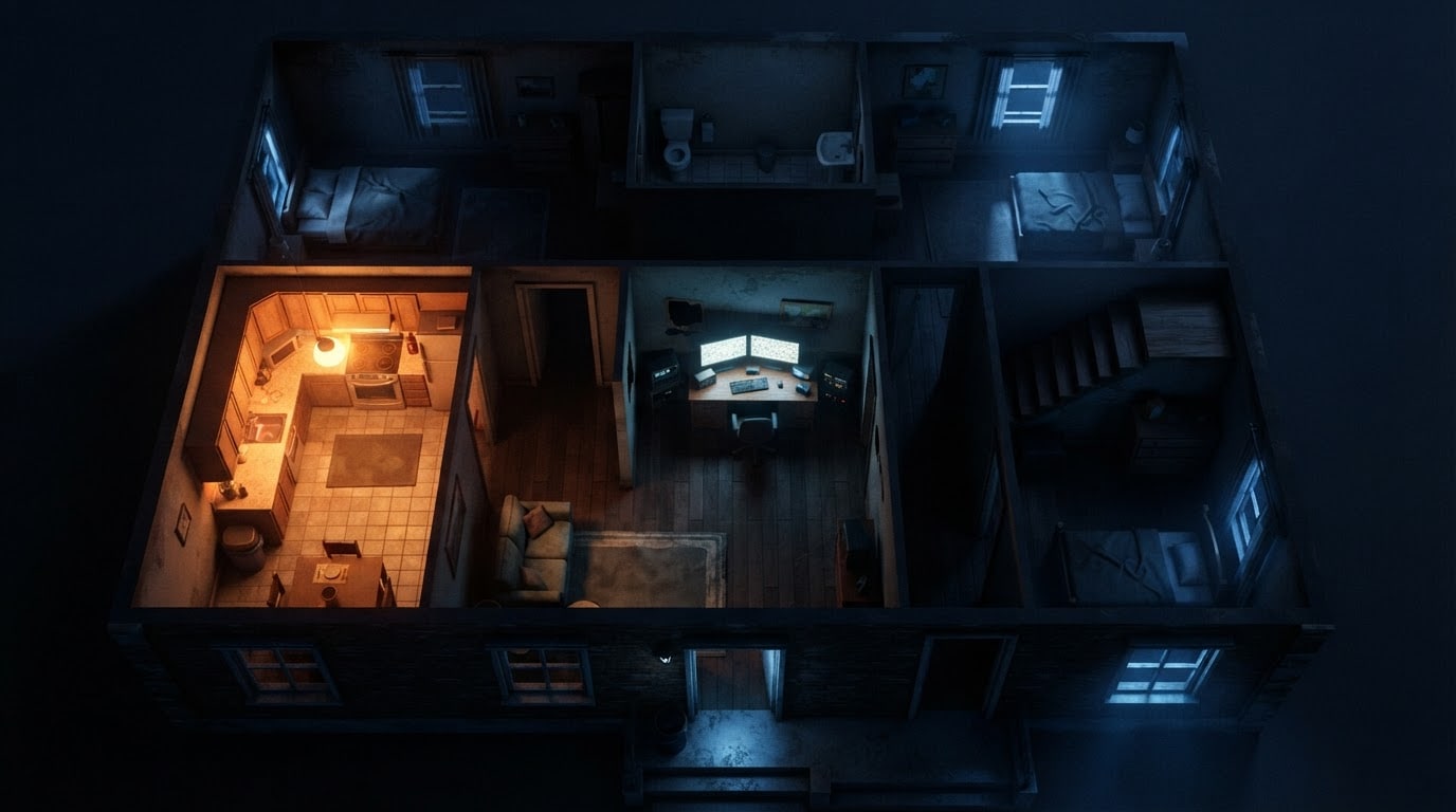 Casa familiar noturna e claustrofóbica