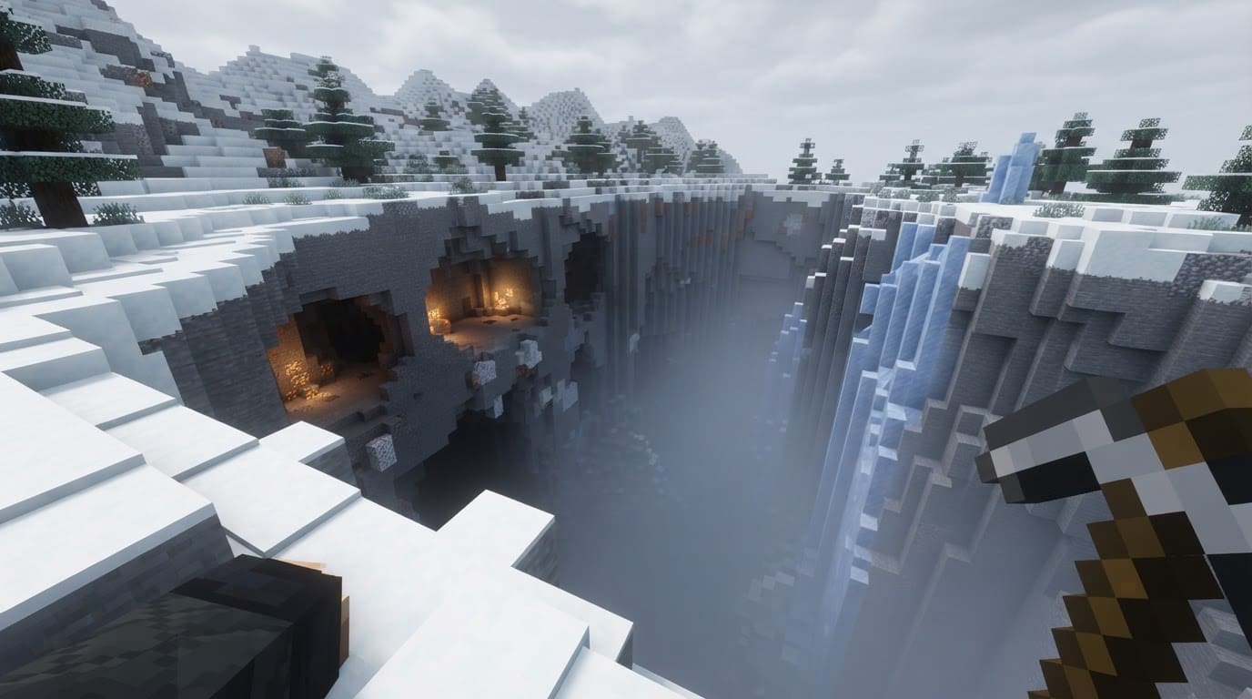 Montanhas nevadas com cavernas