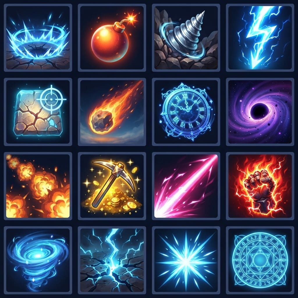 Image: A 4x4 grid of 16 square fantasy mobile game skill