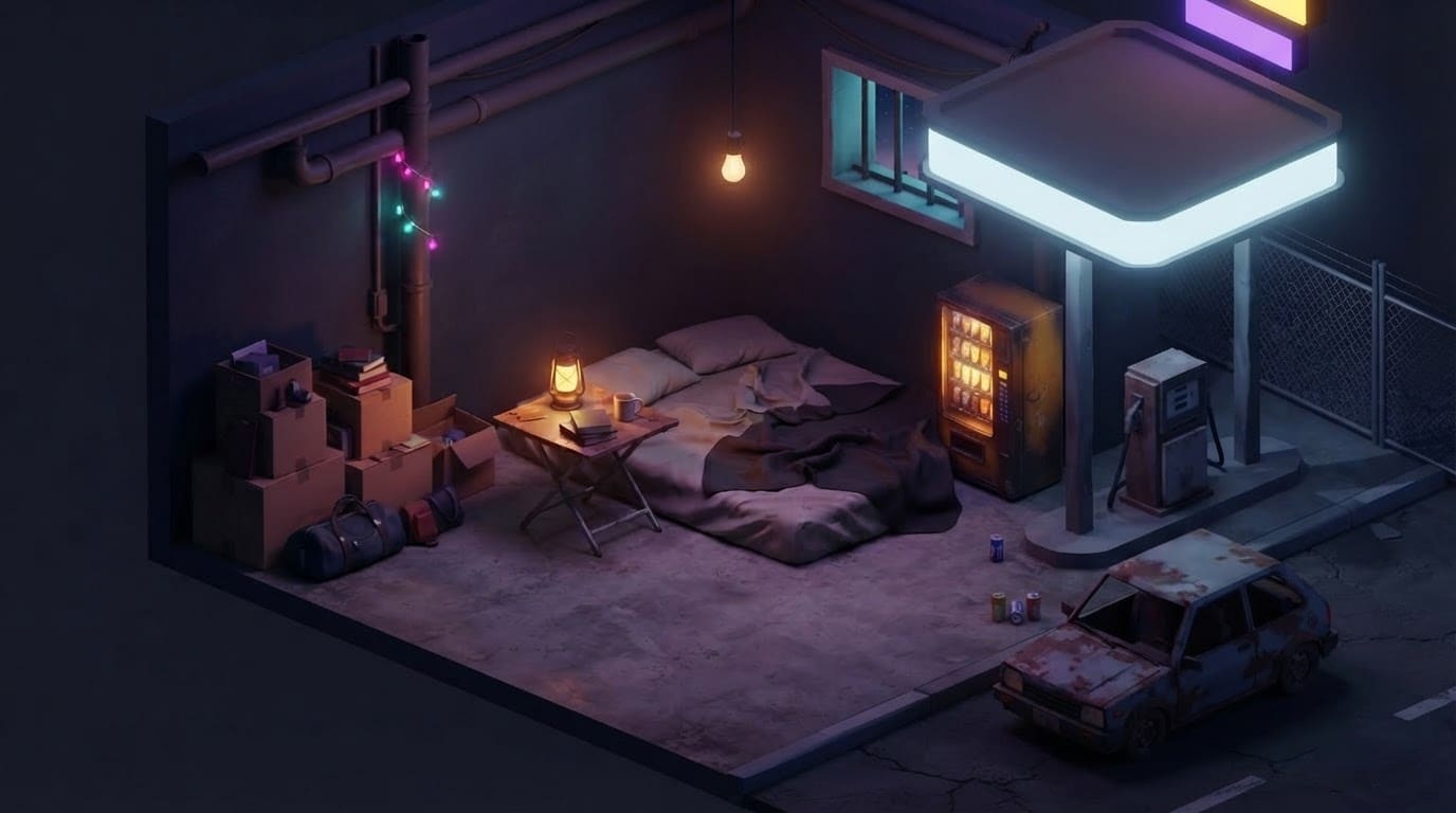 Late-night gas station forecourt
