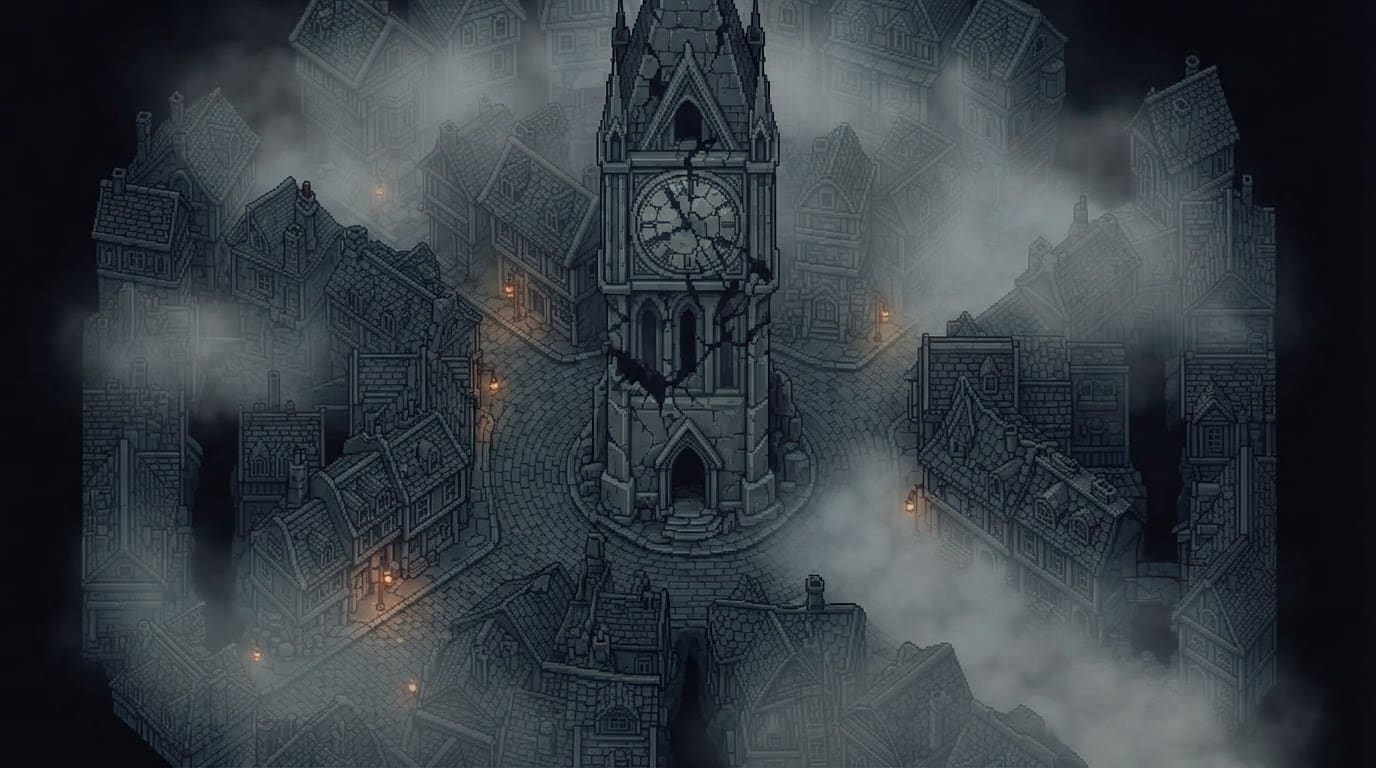 A fog-choked clocktower district