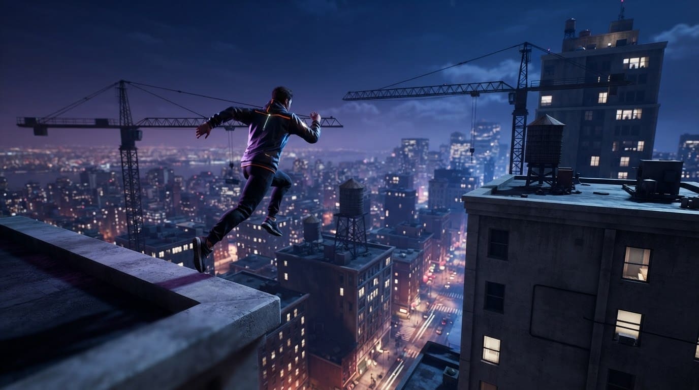 Leap across rooftop skyline gaps