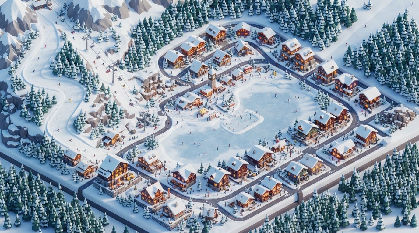 Snowy mountain resort town