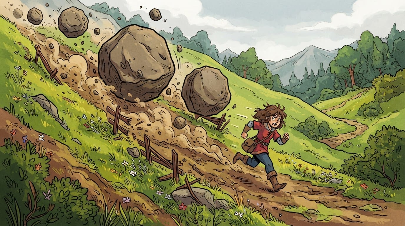 Dodge rolling boulders downhill