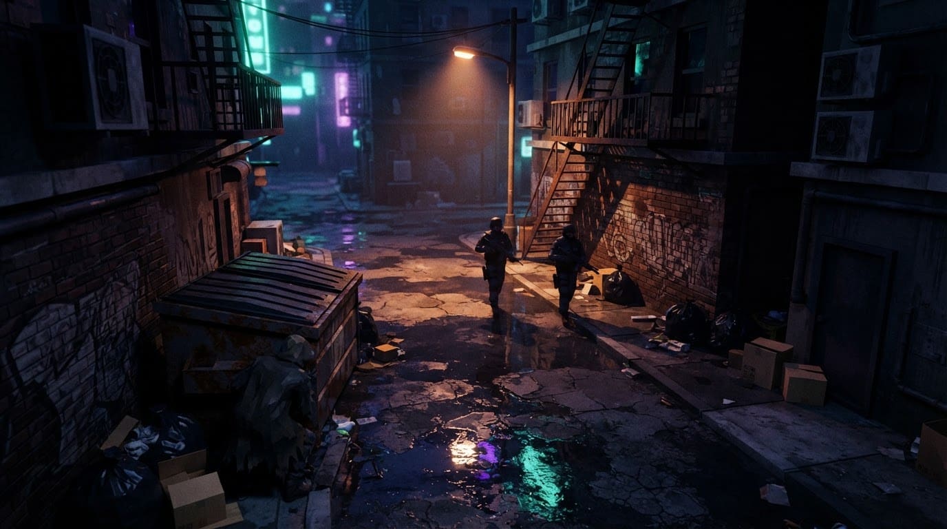 Stalk enemies through rain-slicked streets