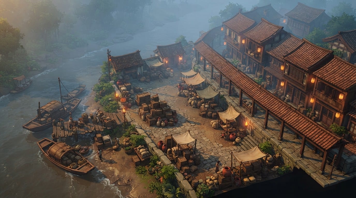 A foggy riverside trade outpost